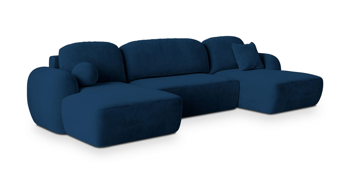 WOHNLANDSCHAFT SAVONA K Blau Plüsch-Stoff mit Schlaffunktion - Blau, Holz (350/90/148cm) - MASSENO