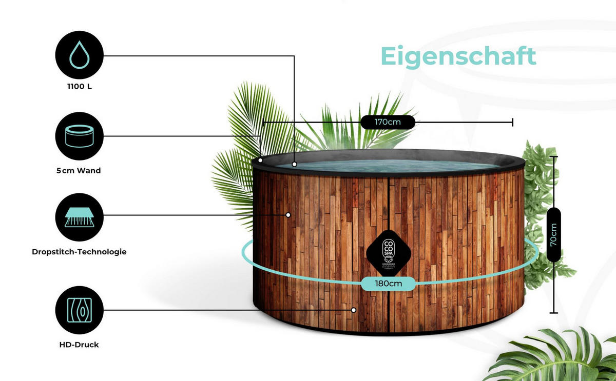 WHIRLPOOL Aufblasbar Bali 180 cm Durchmesser 1100 Liter Motor 2240 W Für bis zu 6 Personen - Braun, Kunststoff (180/70/70cm) - COCO SPA