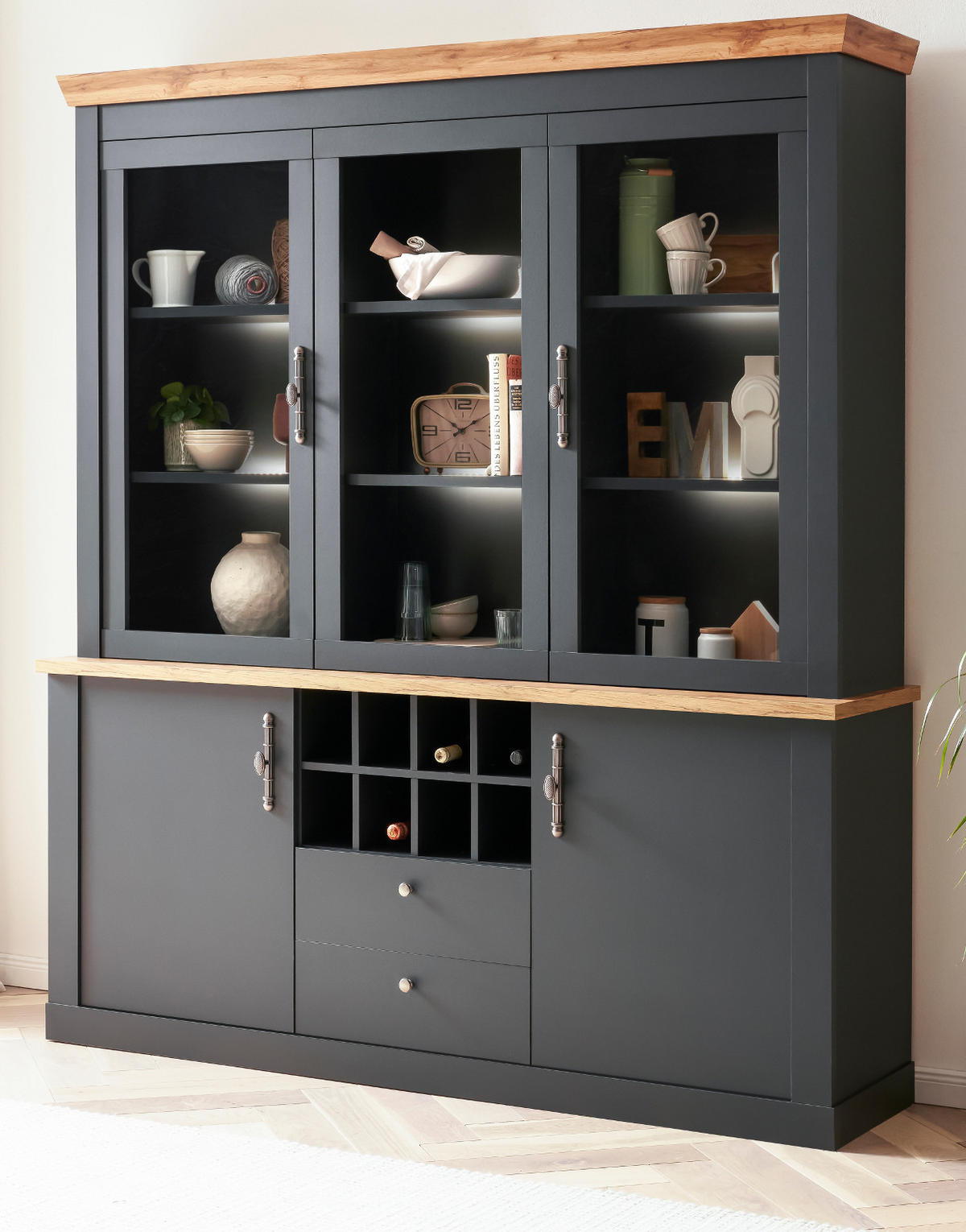 BUFFETSCHRANK grau, Wotan Eiche Landhaus, Vitrinenschrank mit Soft-Close-Funktion - Silberfarben/Eiche Wotan, Glas/Holzwerkstoff (184/205/44cm) - Furn.Design