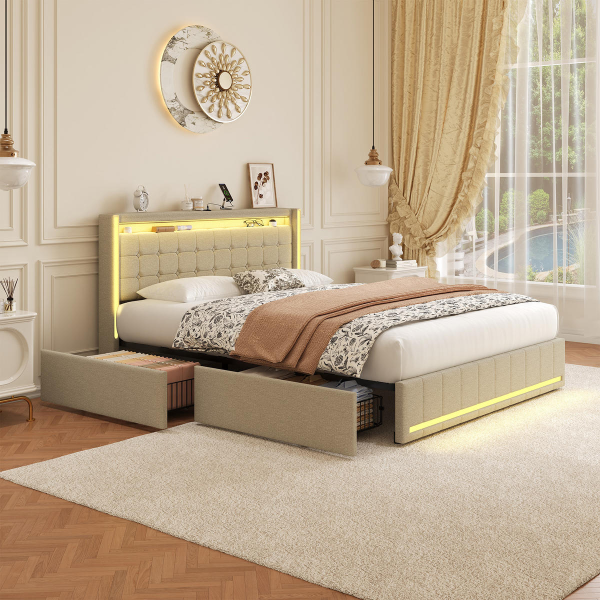 POLSTERBETT Beige 140x200 cm mit 4 Schubladen, LED und Ladefunktion - Beige, Holz/Metall (140/200cm) - PARAFTA HOME