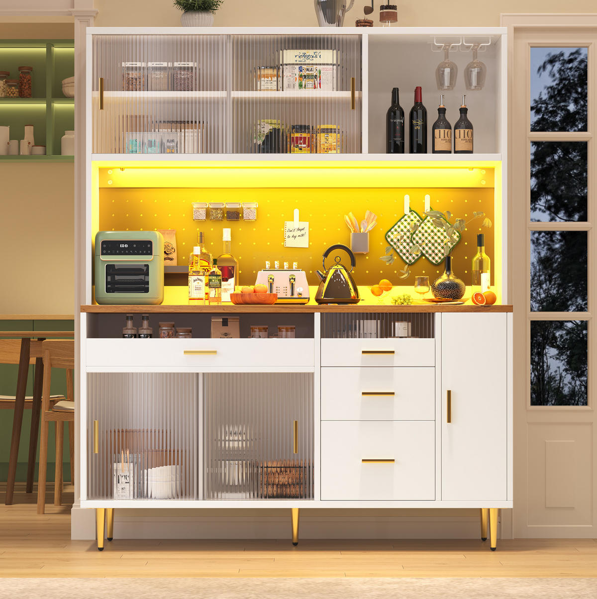 BUFFET 145/39/171 cm in Weiß mit LED-Beleuchtung und Glasschiebetür - Weiß, Glas (145/171/24cm) - Flora Grace