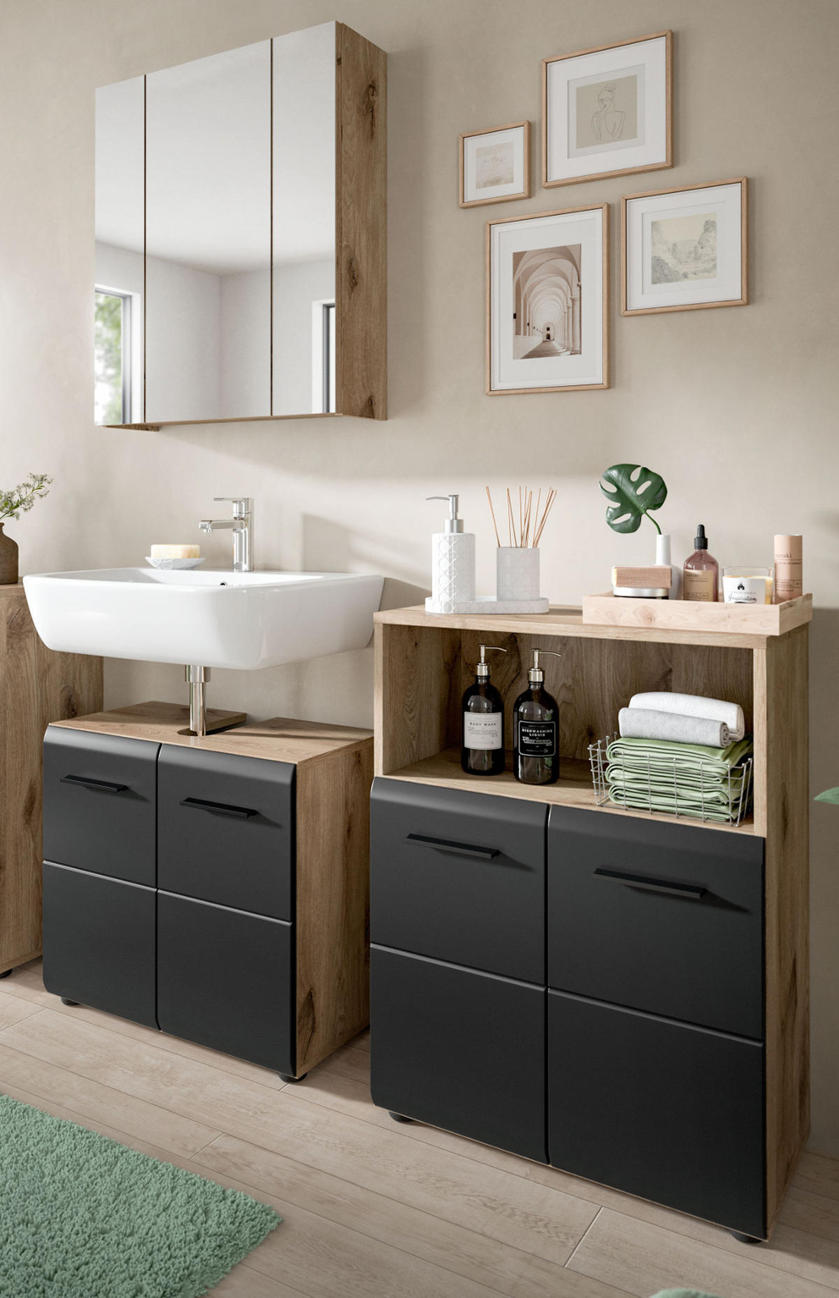 BADMÖBEL Set 3-teilig in schwarz matt und Nox Eiche Badkombination 135 x 185 cm Cover - Eichefarben/Schwarz, Glas/Holzwerkstoff (135/185/30cm) - Inn.Furn