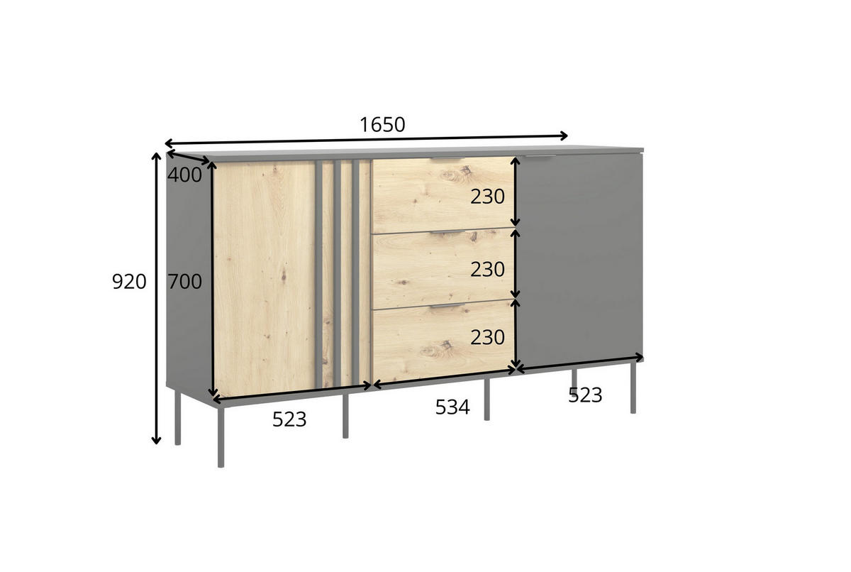 KOMMODE MERIDIAN 165,1/92/40cm mit 3 Schubladen 2 Türen Eichefarben - Eichefarben/Schwarz, Holzwerkstoff (165.1/92/40cm) - MASSENO