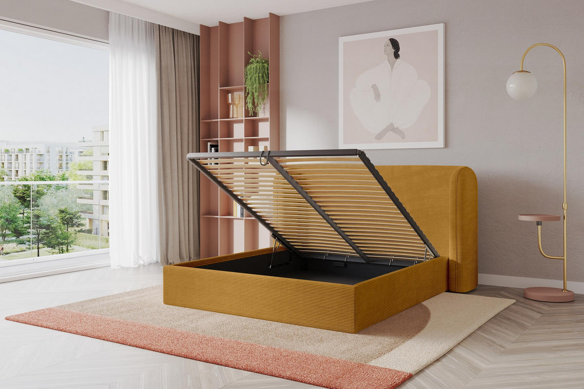 POLSTERBETT mit Bettkasten und Lattenrost, Boxbett ohne Matratze - ESTI 160x200 Senfgelb - Currygelb, Holzwerkstoff/Textil (160/200cm) - ALTDECOR