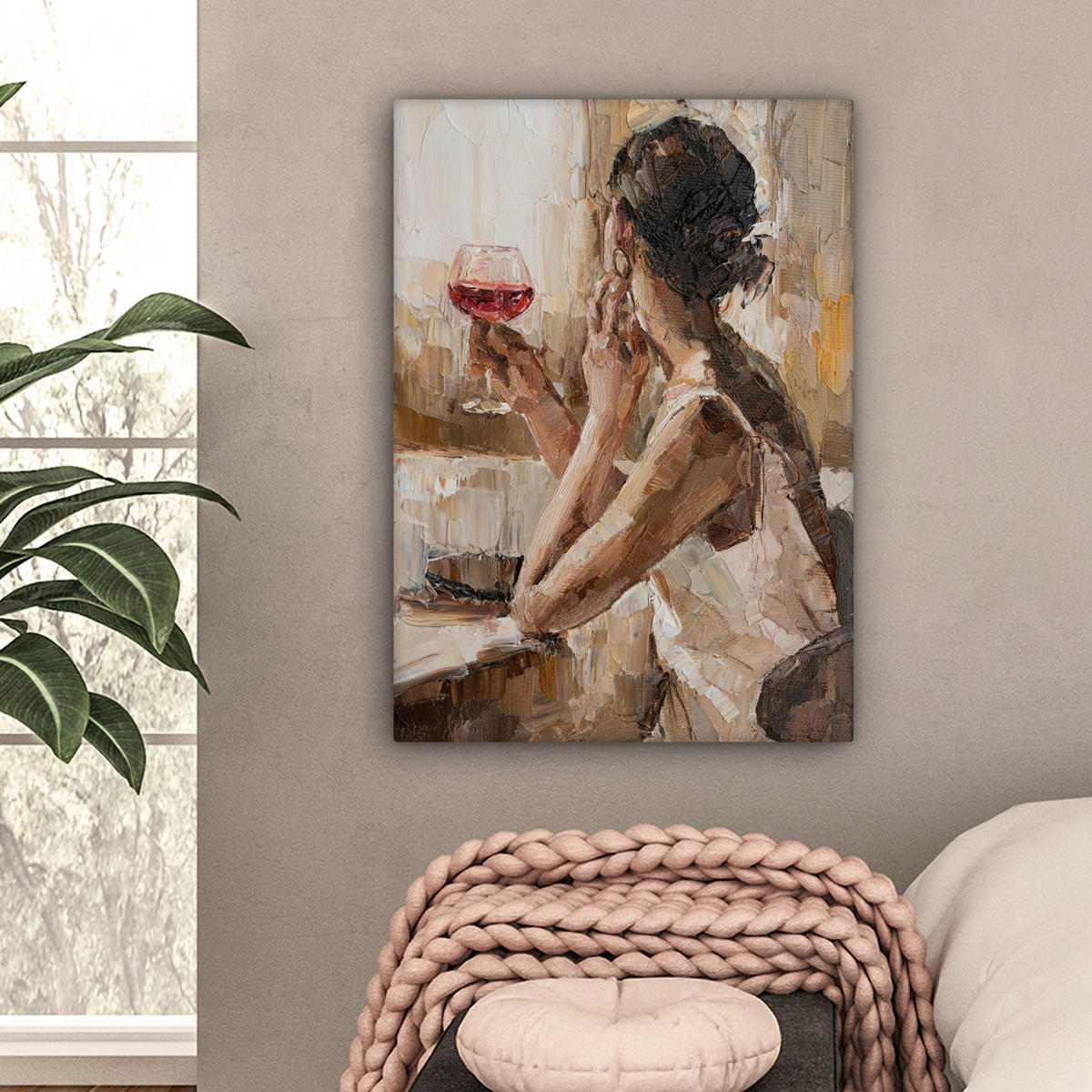 LEINWANDBILD Ölgemälde - Frau - Wein Wandbild Wohnzimmer 60x80 cm - Hellbraun, Textil (60/80cm) - MuchoWow