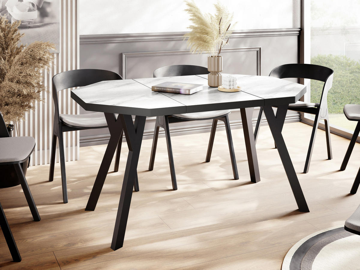 ESSTISCH Desmond achteckiger ausziehbarer, Marmor Weiß 100-150/100/76 cm - Ecru/Schwarz, Holz/Holzwerkstoff (100/100/76cm) - WFL GROUP