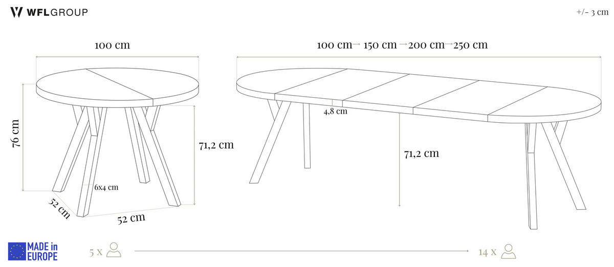 ESSTISCH Twixy XXL groß rund oval ausziehbar, Eiche Hell Braun 100-250/100/76 cm - Eichefarben/Braun, Holz/Holzwerkstoff (100/250/76cm) - WFL GROUP