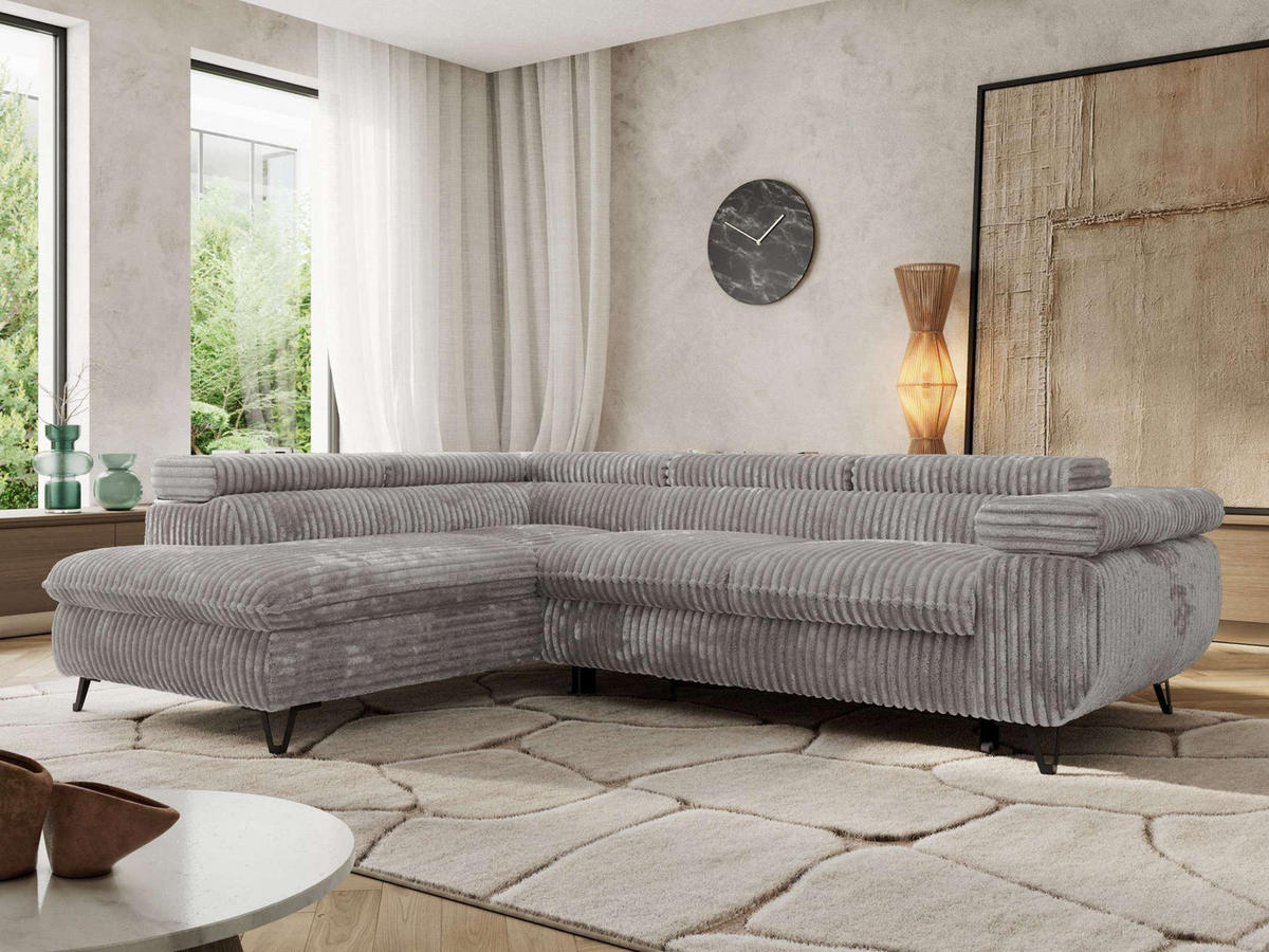 ECKSOFA PABLO L Hellgrau Cord - Links Seite mit T25 Topper - Hellgrau/Schwarz, Textil/Metall (208/273cm) - MKS