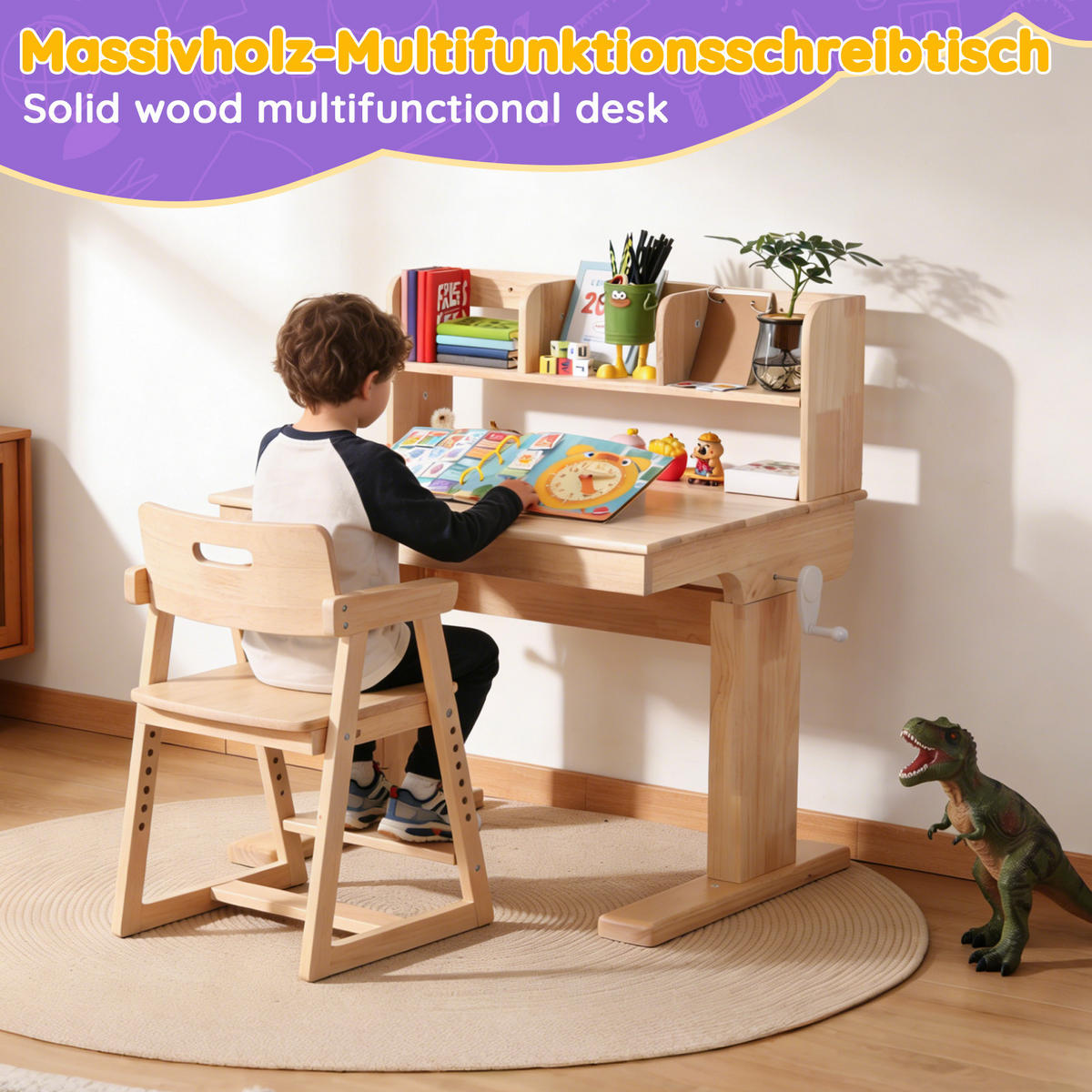 SCHREIBTISCH Naturfarben 92/60/89 cm höhenverstellbar Massivholz - Naturfarben, Holz (60/92/89cm) - PANGIVO