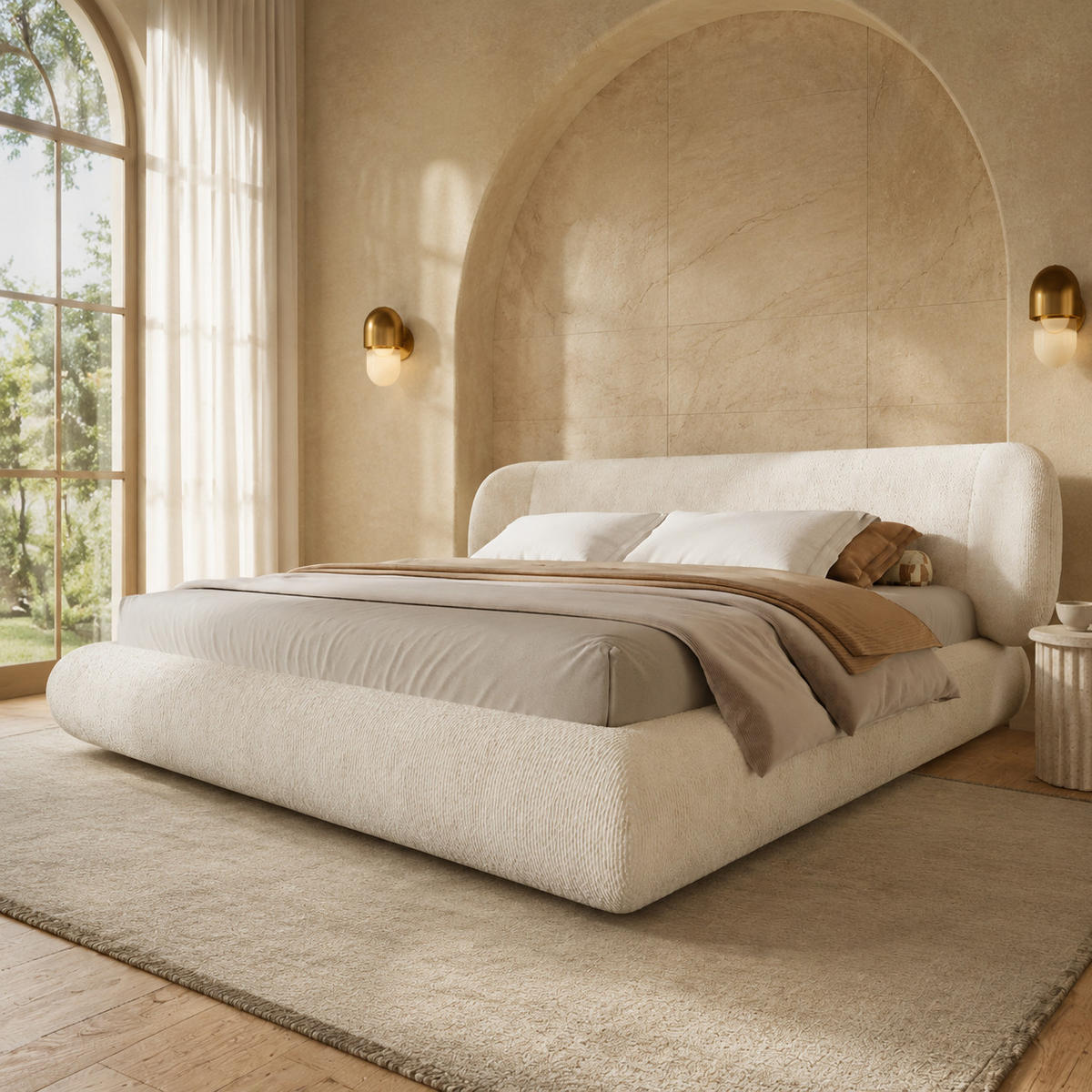 POLSTERBETT 140/200 mit 12 cm Schaumstoffpolsterung, abgerundeten Ecken und weichem Chenille-Bezug in Beige - Beige, Holzwerkstoff/Textil (140/200cm) - EVRYAE