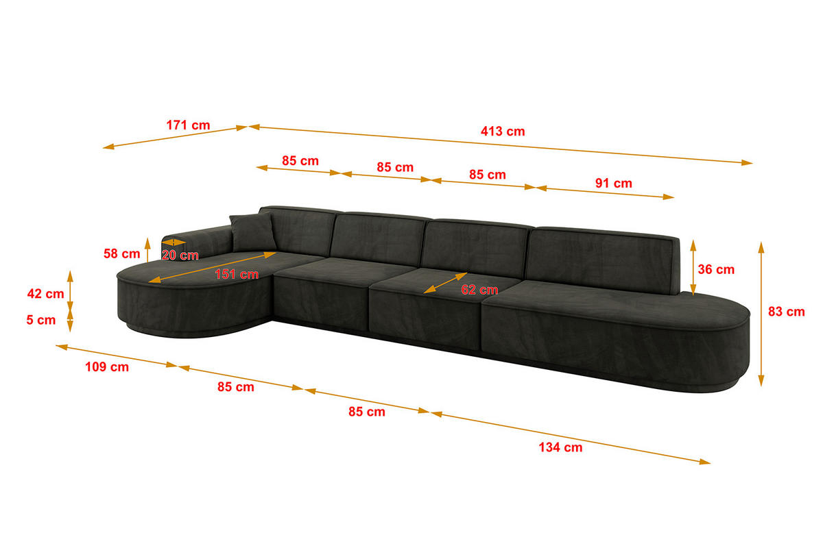 ECKSOFA Ottomane Links MARI-L3-v3 - 413x171x83 cm Schwarz Velours - Schwarz, Holzwerkstoff/Kunststoff (413/171cm) - ALTDECOR