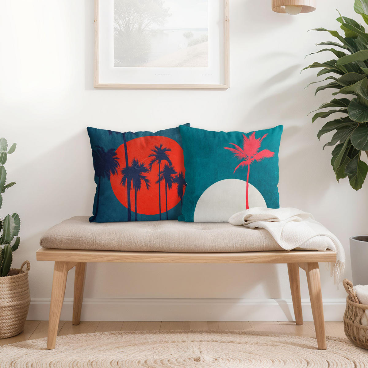DEKOKISSEN 2er-Set Palmen Abendsonne Duo 50/50 cm - Türkis, Textil (50/50cm) - Bilderwelten