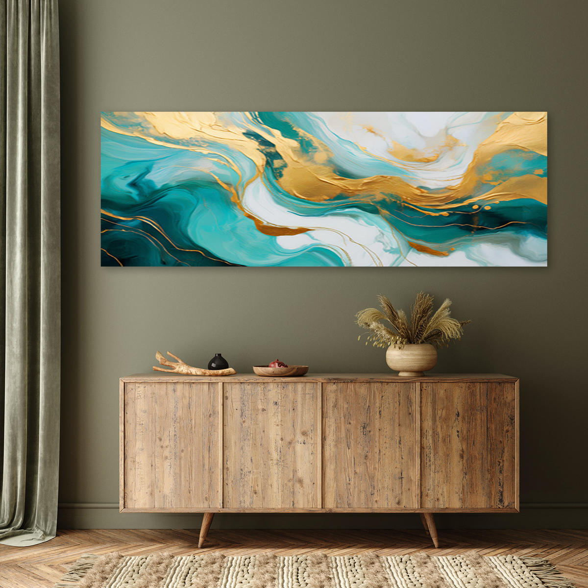 WANDBILD abstrakte marmorstruktur türkisgold - Türkis, Textil (90/30cm) - Feeby