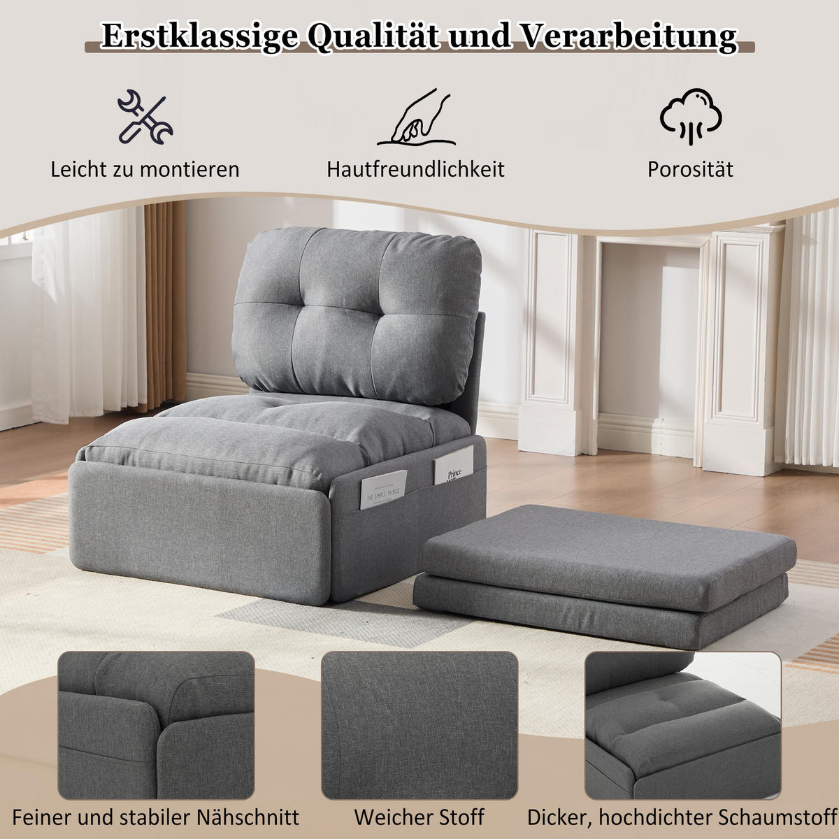 SCHLAFSOFA 92/81.5/90 cm Grau mit Aufbewahrungstasche - Grau, Textil (81.5/90/195cm) - Oxeza