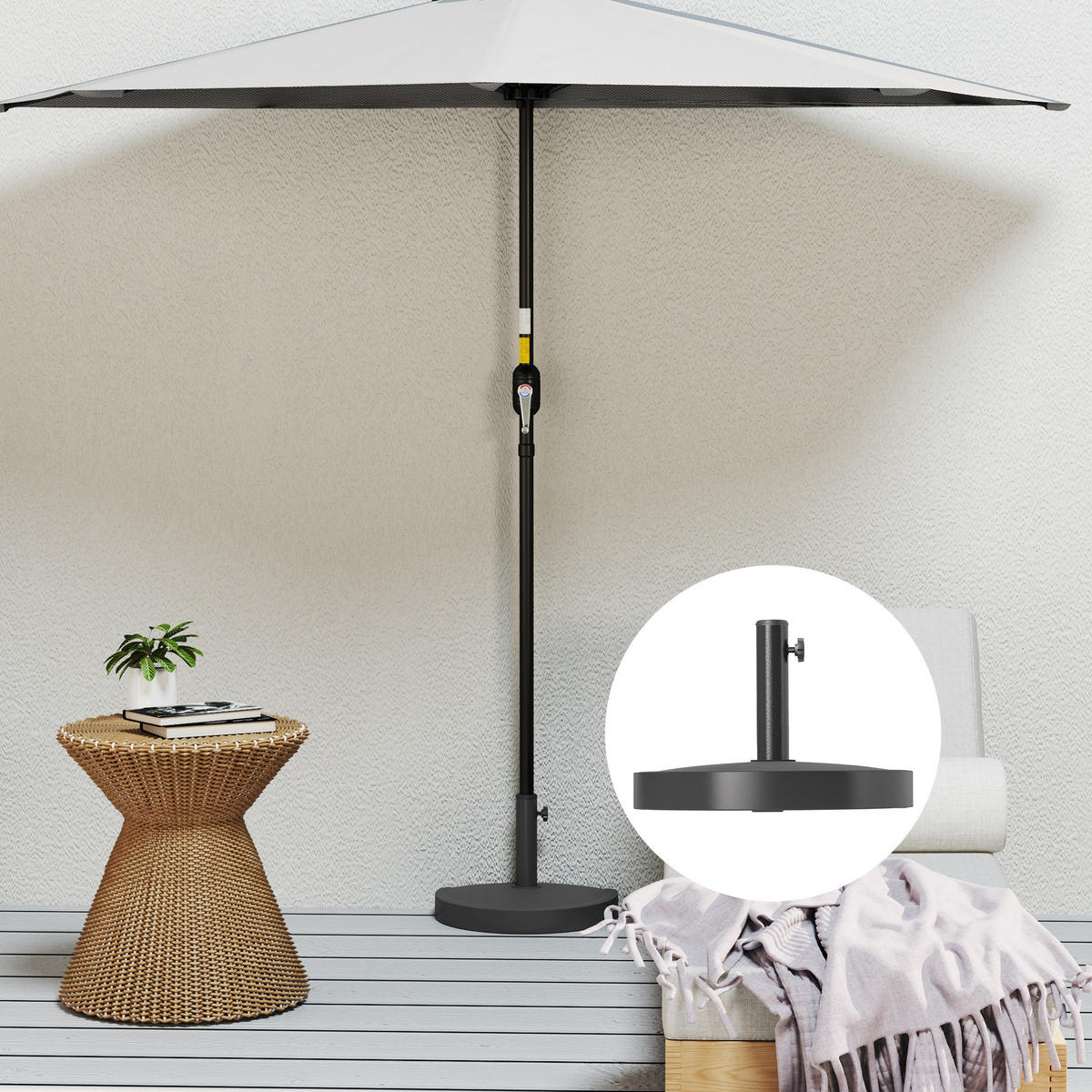 SONNENSCHIRMSTÄNDER aus Beton Schirmständer Halbrund Schirmhalter, Schirmgewicht - Schwarz, Naturmaterialen (31/49cm) - Outsunny