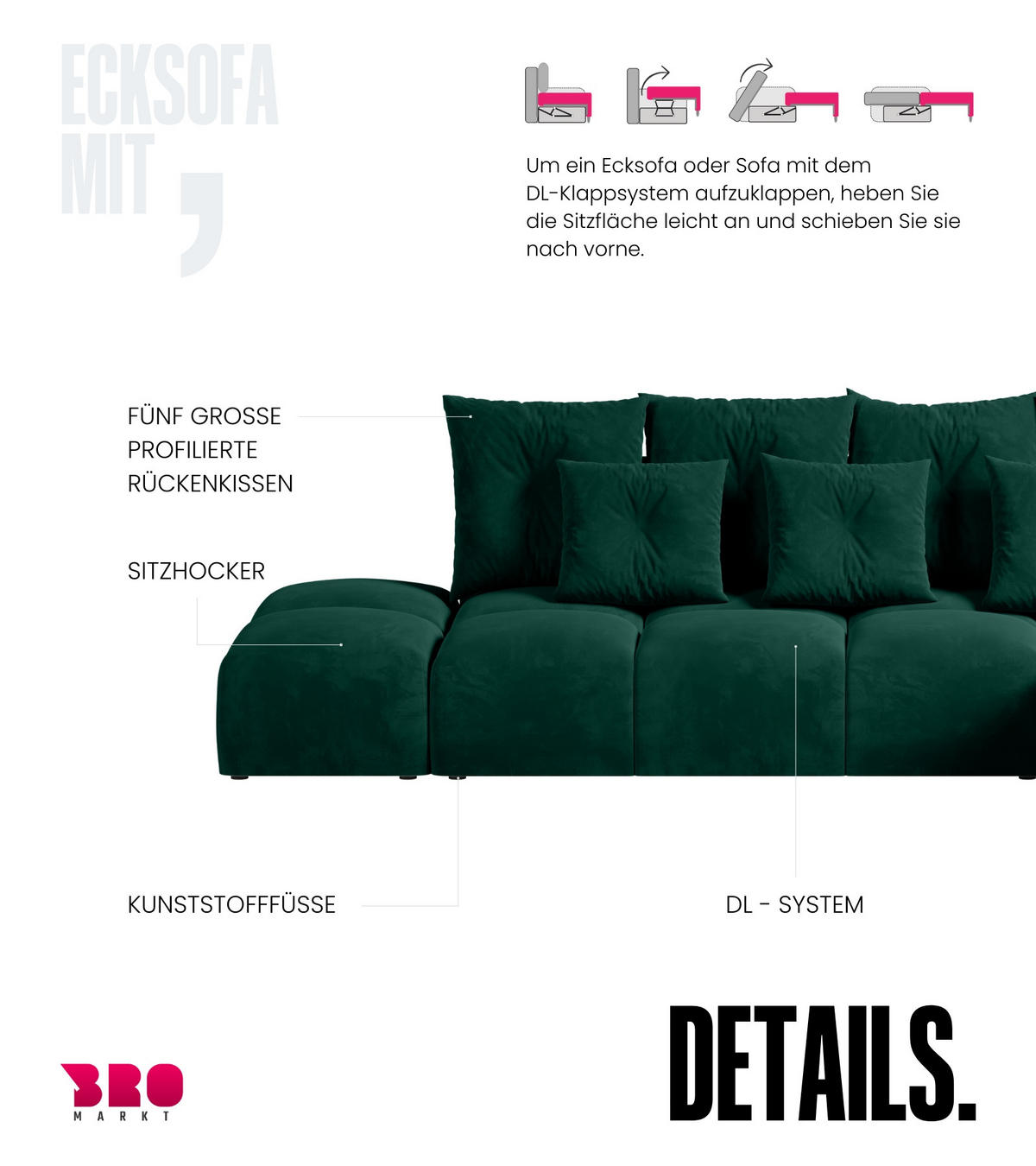ECKSOFA mit Schlaffunktion RAMIRO Grün - Dunkelgrün, Textil (325/185cm)