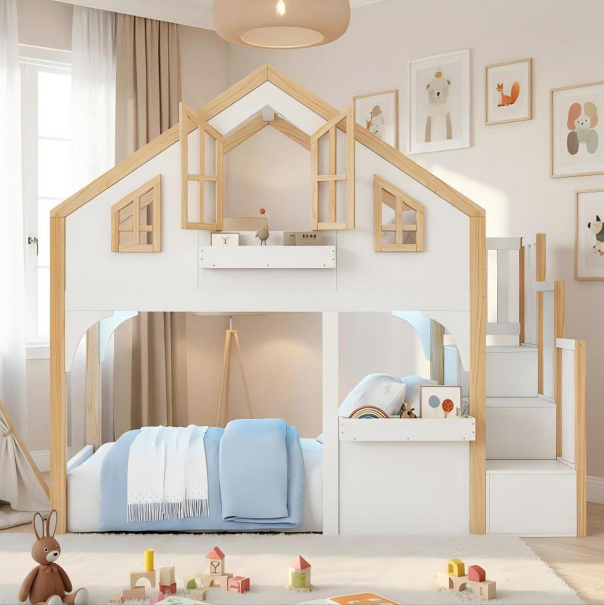 HOCHBETT 90 x 200 cm Weiß mit LED und Stauraumtreppe ohne Matratze - Weiß, Holz (90/200cm) - MIVRAY