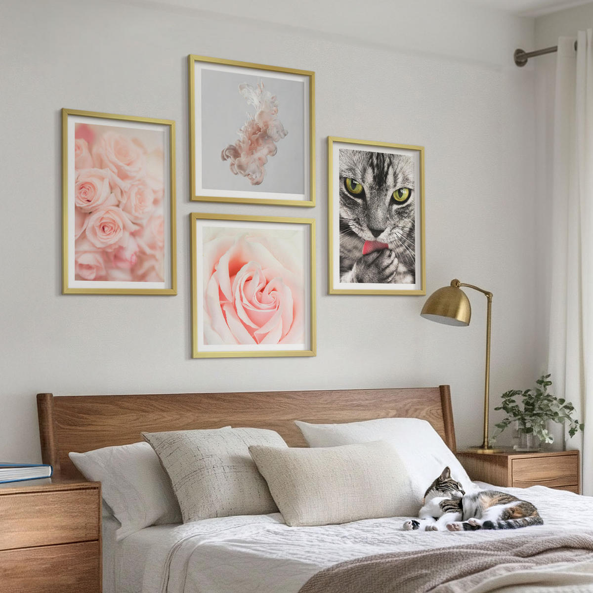 WANDBILDER 4er Set - 50x50 cm & 40x60 cm Goldrahmen - Abstrakte Darstellung von grauen Katzenrosen - Goldfarben, Kunststoff (50/50cm) - ArtPrintCave