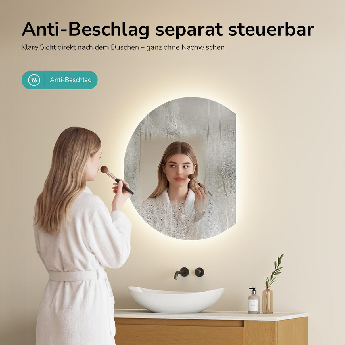 BADSPIEGEL LED 70 x 62 cm mit 3 Lichtfarben, Antibeschlagfunktion und Touch-Schalter - Transparent, Glas (70/62/2.5cm) - EMKE