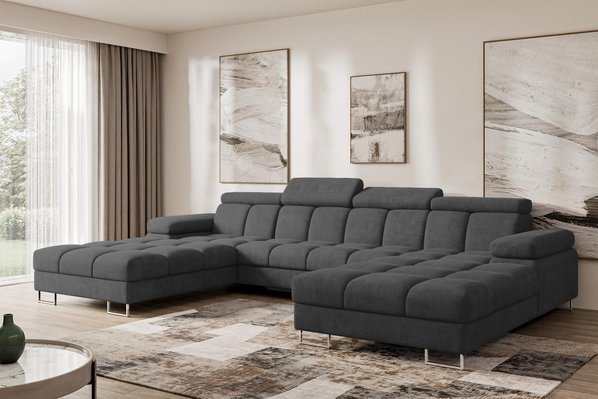 WOHNLANDSCHAFT mit Schlaffunktion und Bettkasten COMA U2 345x203x79 Dunkelgrau Velours - Dunkelgrau, Holzwerkstoff/Textil (345/79/203cm) - ALTDECOR