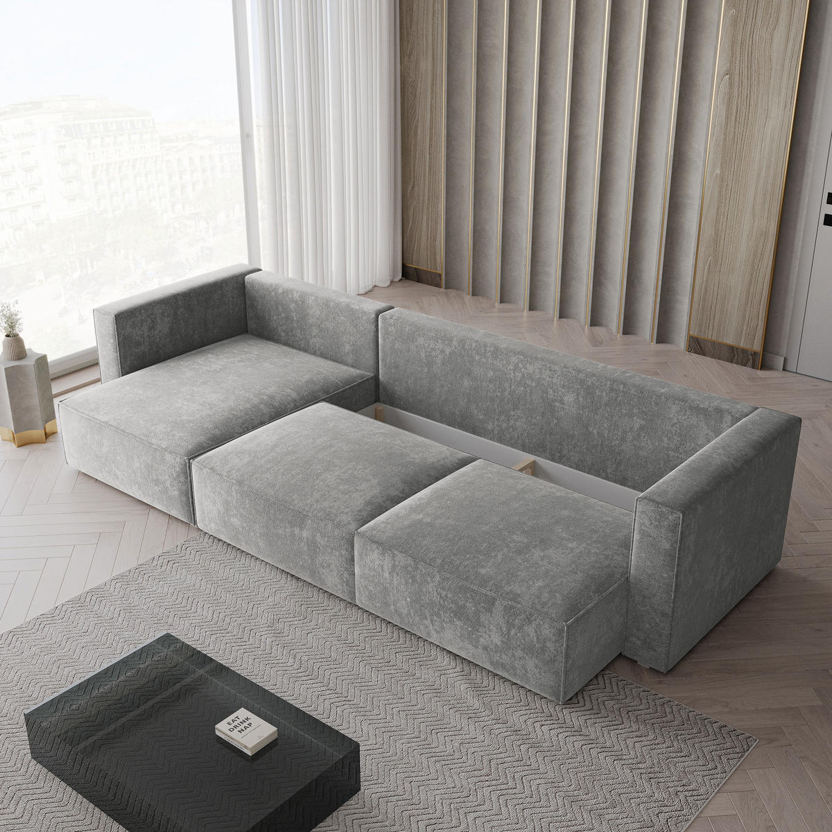 ECKSOFA TOLMO LM Hellgrau Chenille mit Schlaffunktion - Hellgrau, Holzwerkstoff/Textil (347/148cm) - MASSENO