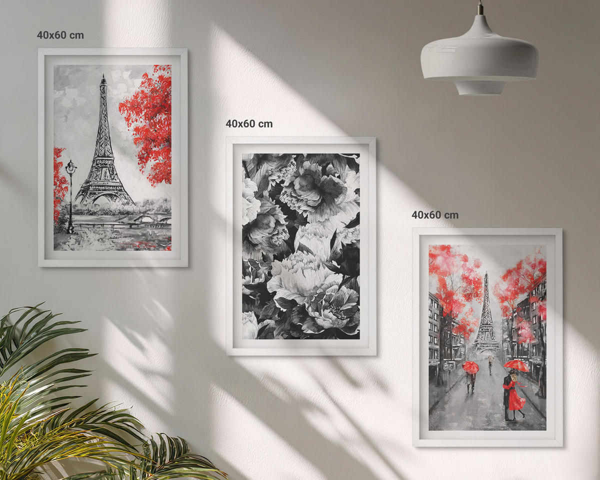 BILDER SET 3er Set - 40x60 cm Weißer Rahmen - graue Gemälde des Eiffelturms - Weiß, Kunststoff (40/60cm) - TULUP