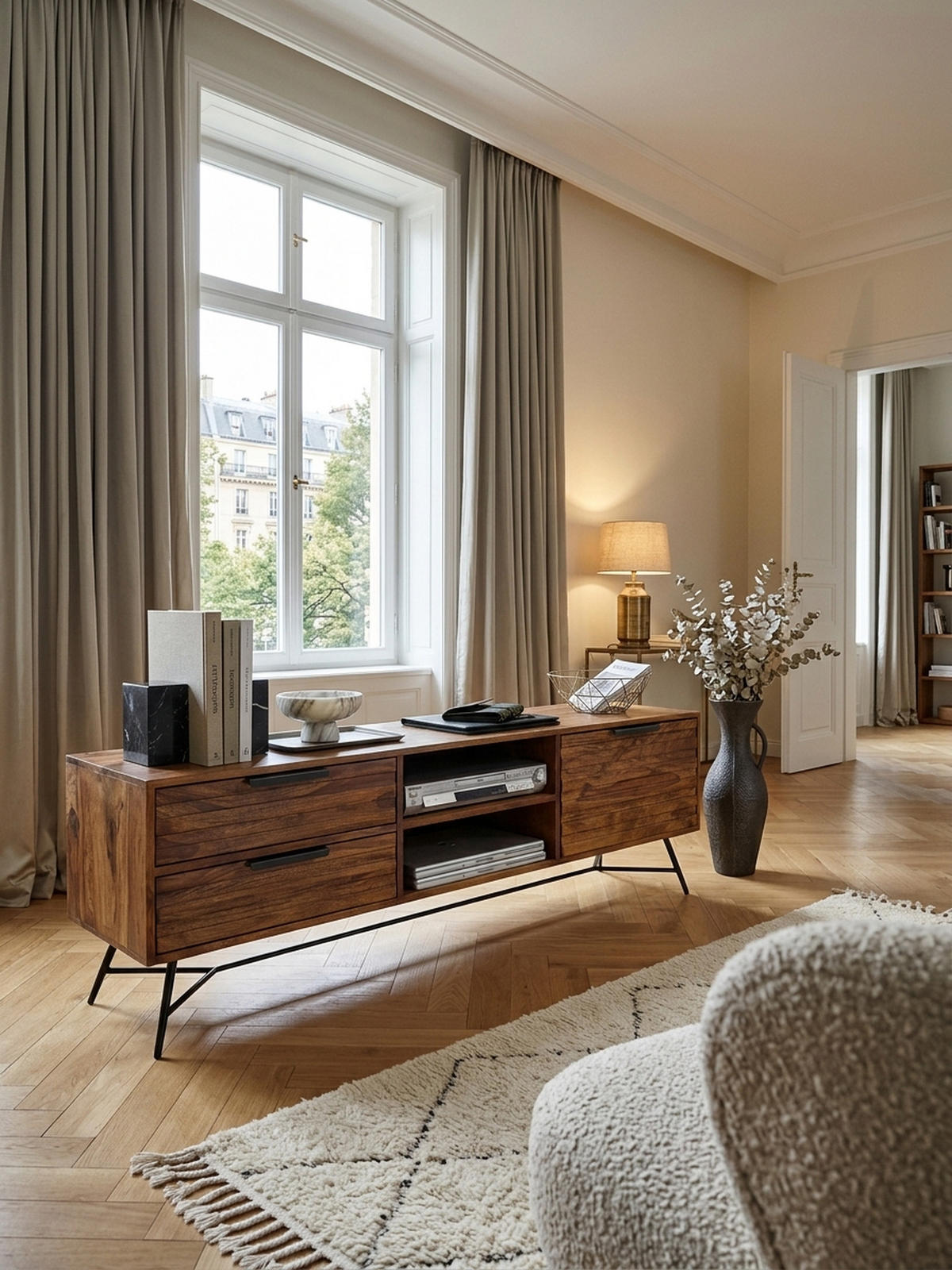 LOWBOARD Massivholz Industrial Stil 160x54x40 cm Modell NISHAN - Schwarz/Braun, Holz/Metall (160/54/40cm) - KADIMA DESIGN