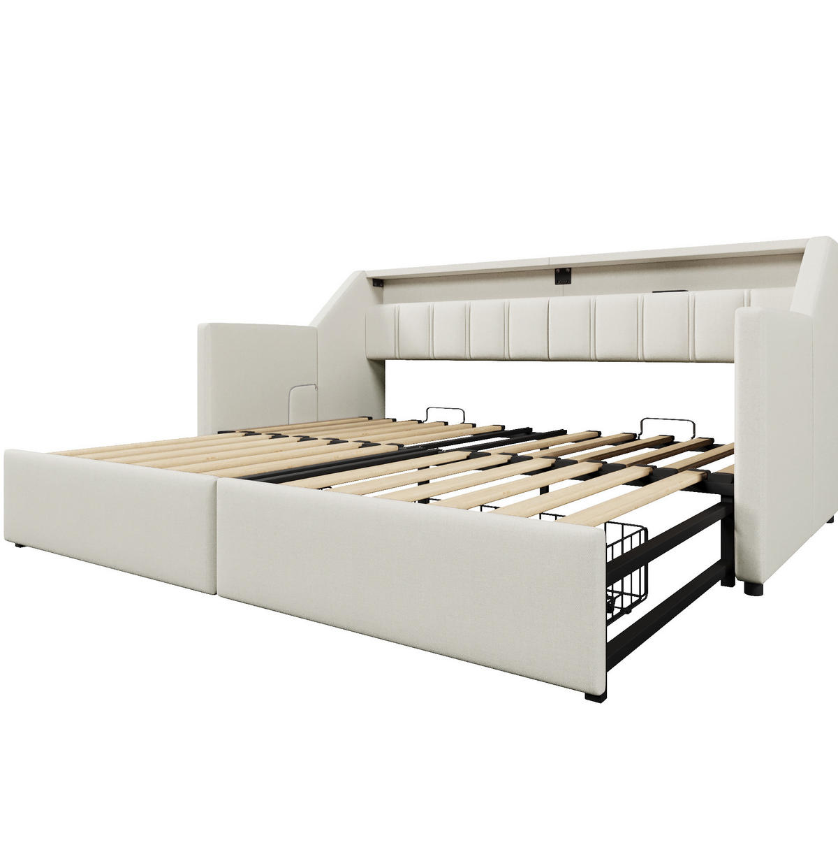 TAGESBETT 90/200 cm mit Ausziehfunktion zu 180/200 cm, USB, Type-C, LED und 2 Schubladen, Beige - Beige, Textil (90/200cm) - Redom