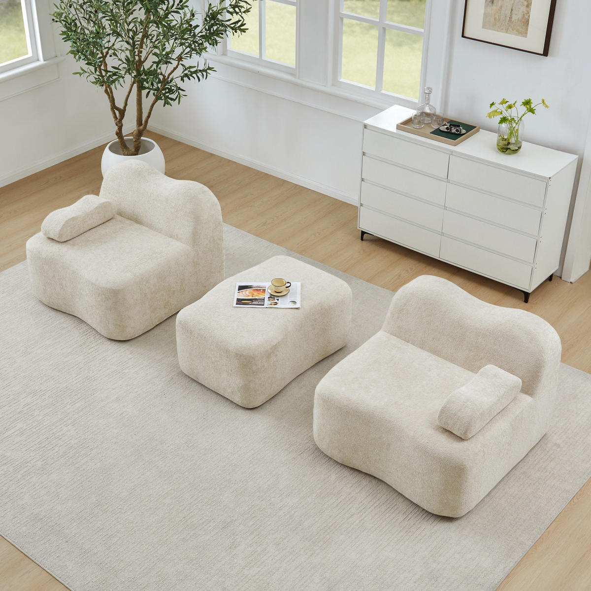 MODULARES Ecksofa ohne Montage mit Ottoman, Wellenform und Samtbezug, Beige - Beige, Textil (192/167cm) - Redom