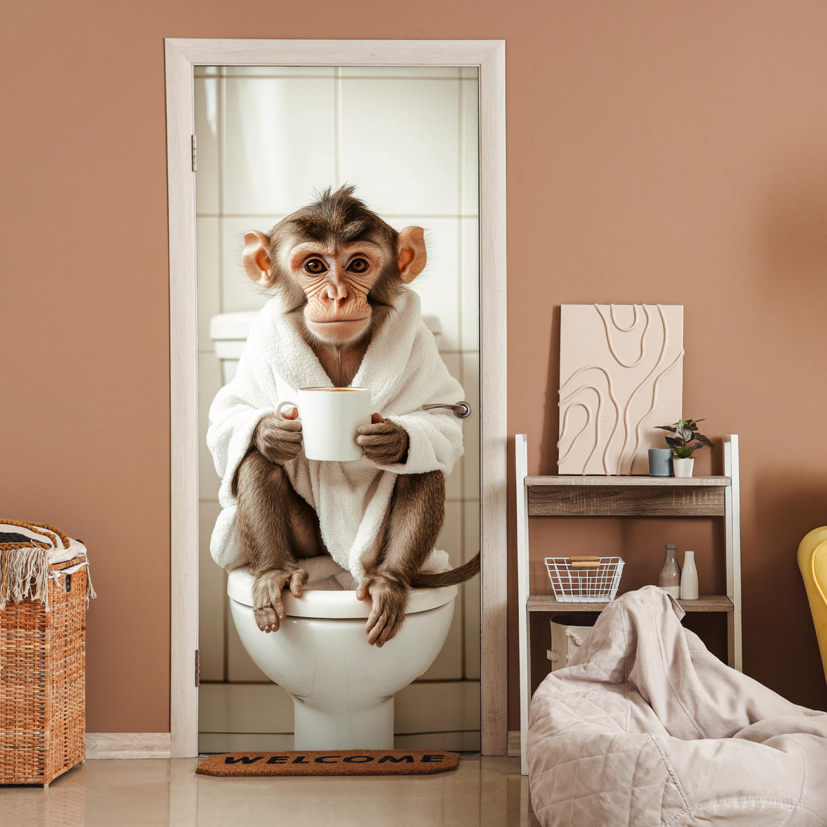 TÜRAUFKLEBER Selbstklebend - Affe - Modern - WC - Bademantel 95x215 cm - Türtapete - Rosa, Kunststoff (95/0.1cm) - MuchoWow