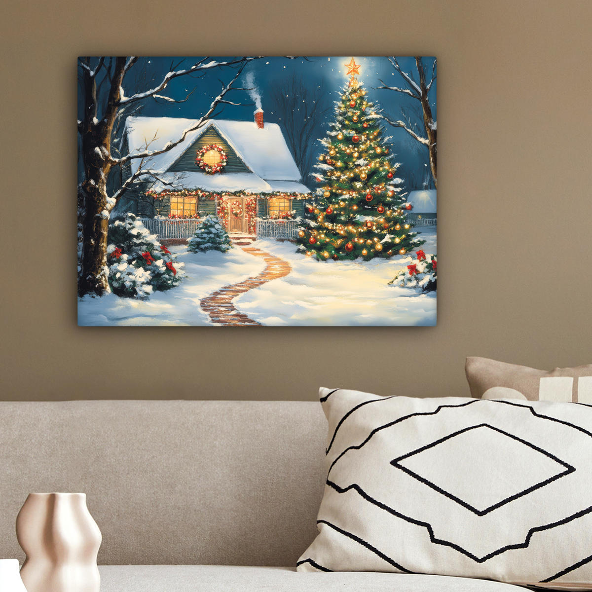 LEINWANDBILD Weihnachten - Weihnachtsbaum - Winter - Zuhause - Schnee 40x30 cm - Smaragdgrün, Textil (40/30cm) - MuchoWow