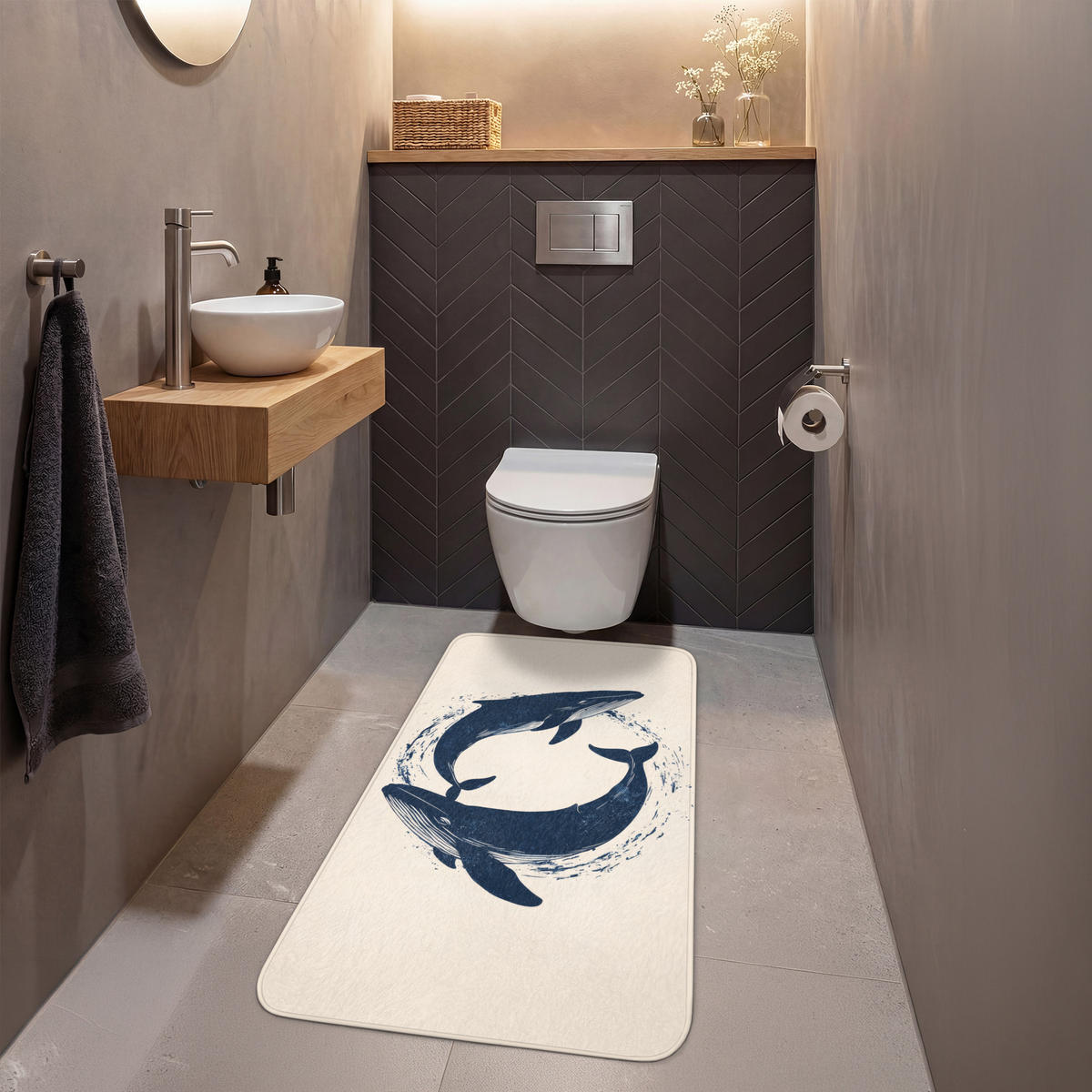 WC PŘEDLOŽKA Velryby - Stříkance - Kruh - Tmavě modrá 60x120 cm - tmavě modrá, textil/plast (60/1cm) - OnlyWow