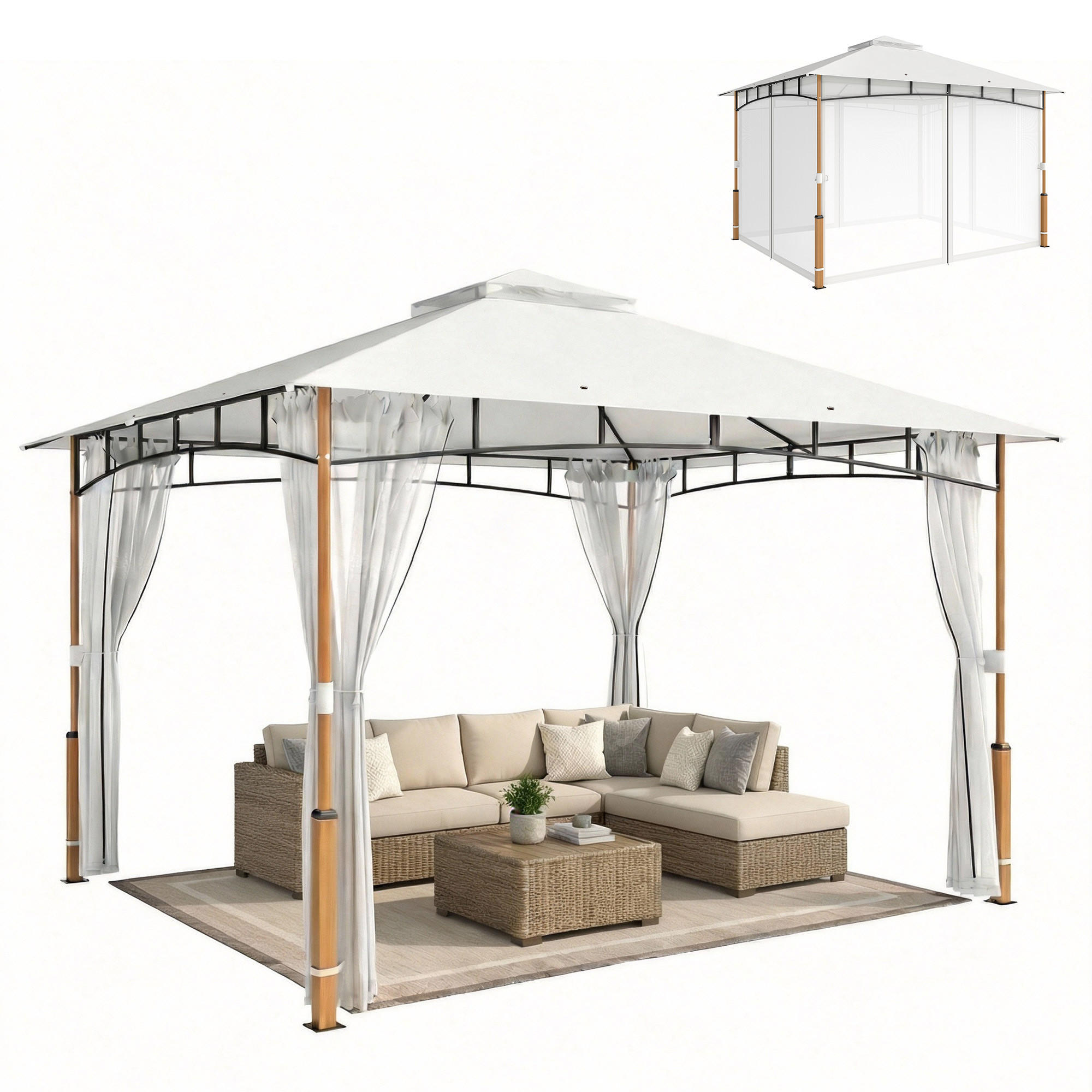 GARTENPAVILLON, Sonnenschutznetz, Teakholz creme - Creme, Textil (69/32/243cm) - Vallsero