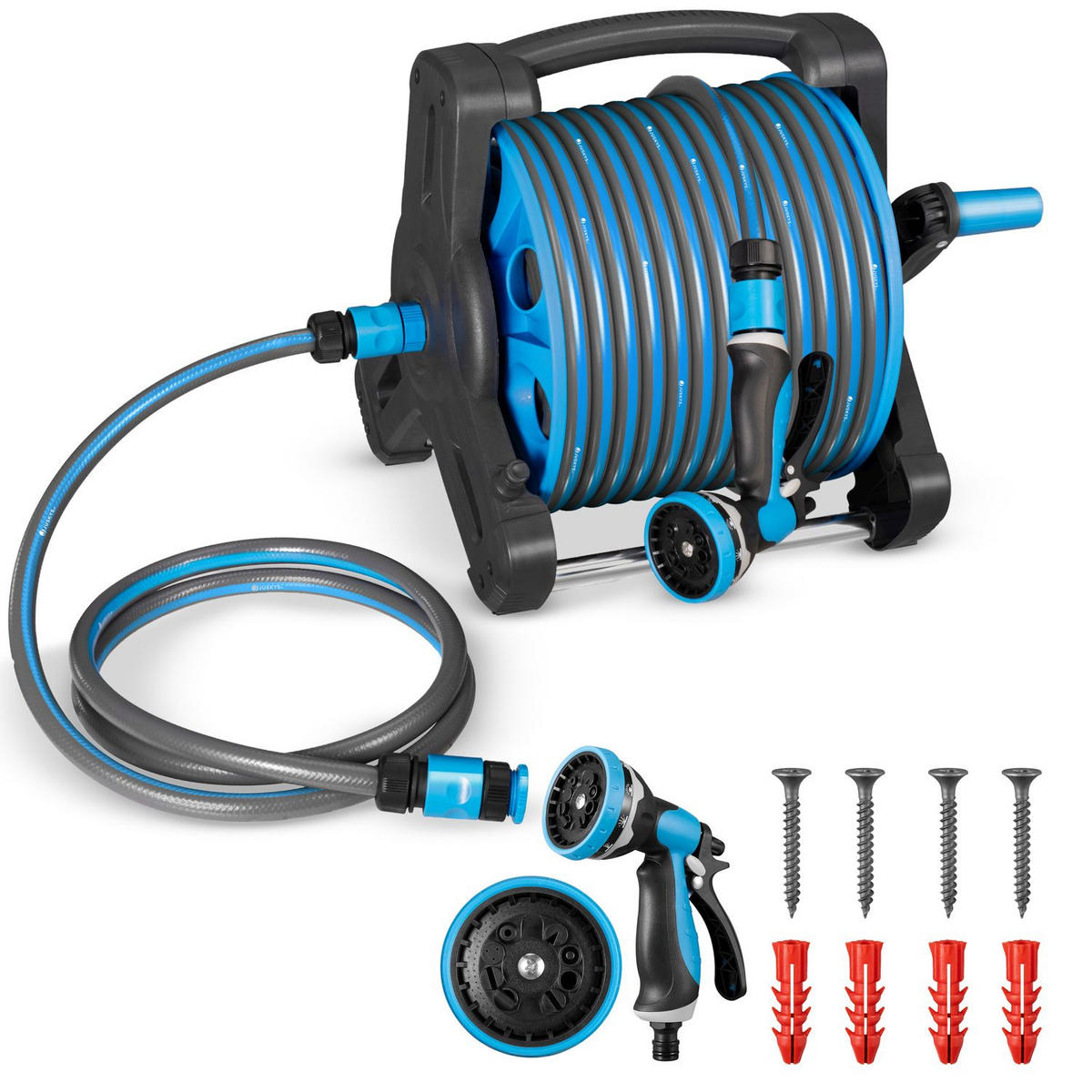 SCHLAUCHTROMMEL Basic blau / dunkelgrau Wasserschlauch & Multifunktionshandbrause - Blau, Kunststoff (3000cm) - Juskys