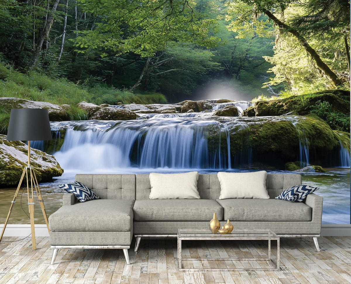 FOTOTAPETE 3D Effekt Wasserfall Wald Natur Tapete Wohnzimmer 350x250 - Multicolor, Papier (350/250cm) - Wallarena