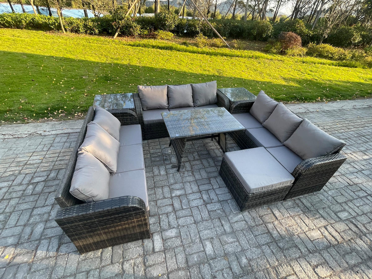GARTENMÖBELSET mit ESSTISCH, 3-SITZER SOFA Polyrattan 10-Sitzer - Dunkelgrau/Grau, Glas/Kunststoff - Fimous