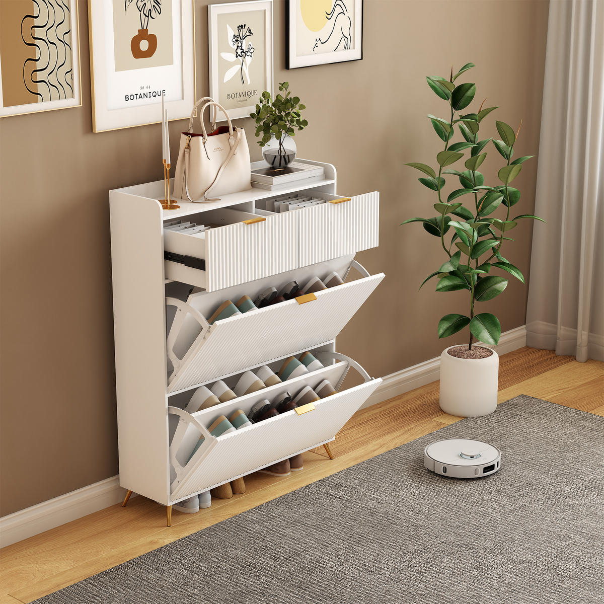 SCHUHSCHRANK 80x24x110 cm Schubladen Trennwände Metallbeine weiß - Weiß, Holz (80/110/24cm) - LEBENLANG