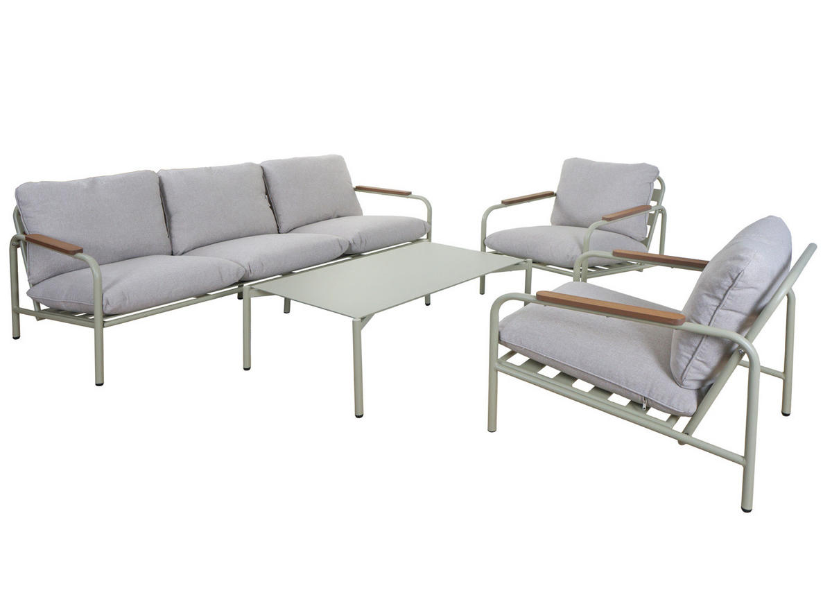 GARTENGARNITUR Hellgrün, Beige 1x 3-Sitzer Gartenbank, 2x Sessel und 1x Tisch-Set - Beige/Hellgrün, Metall - MCW
