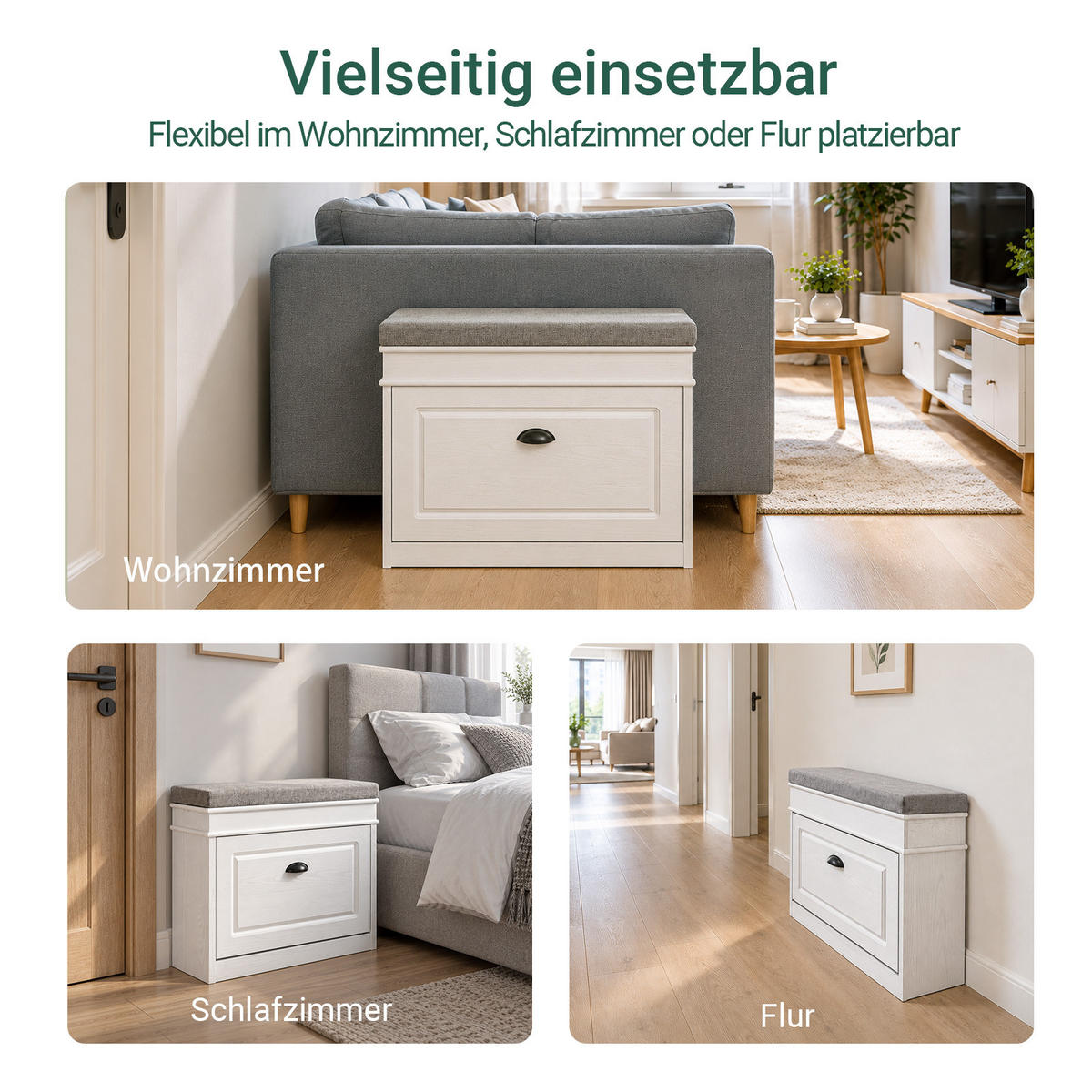 SCHUHBANK Weiß, 61x24 cm, graues Polster, Druckauszug, 4 Paar, bis 150 kg - Weiß, Holzwerkstoff (61/51/24cm) - SoBuy