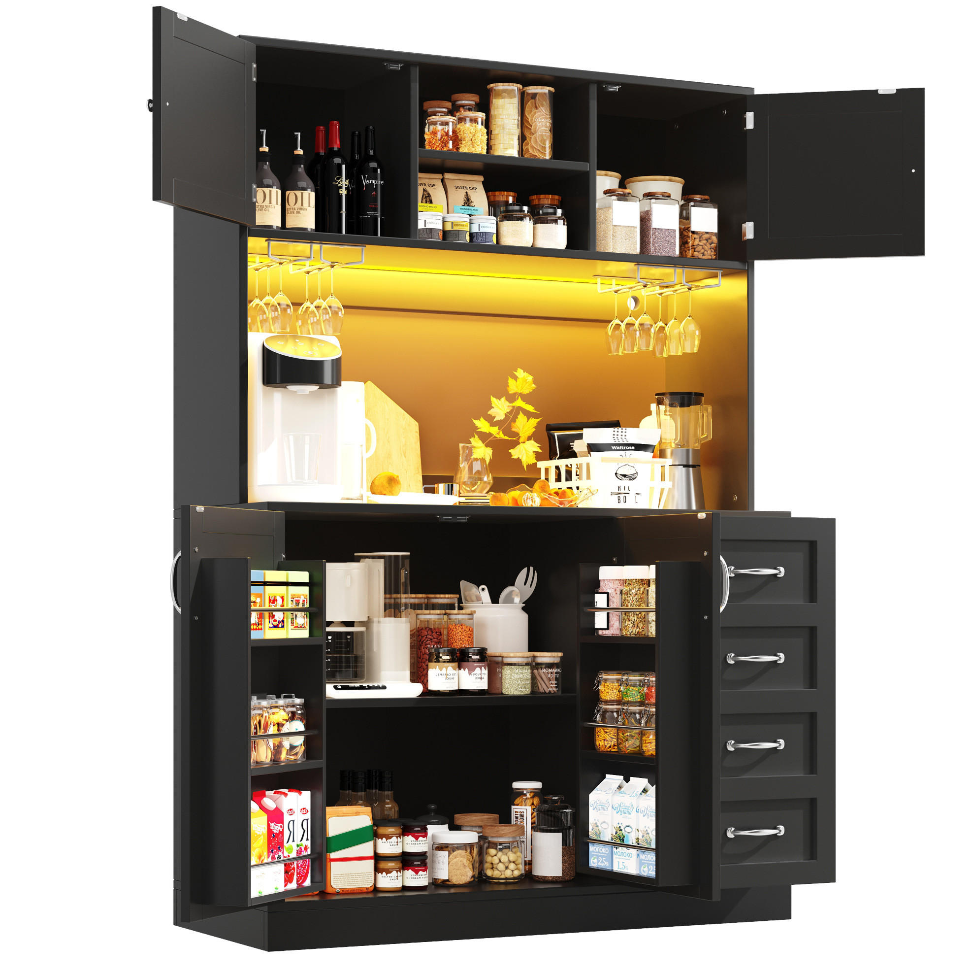BUFFET 120/40/188 cm aus MDF mit LED-Beleuchtung Schwarz - Schwarz, Holzwerkstoff (120/188/40cm) - Modenvie