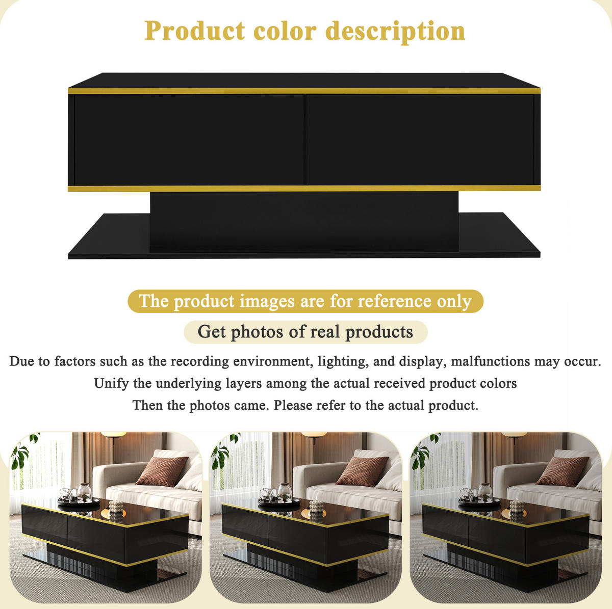 COUCHTISCH 100/50/40 cm Schwarz/Gold aus Spanplatte mit LED-Lichtstreifen und 3 Schubladen - Schwarz, Holzwerkstoff (100/50/40cm) - OKMYHOME