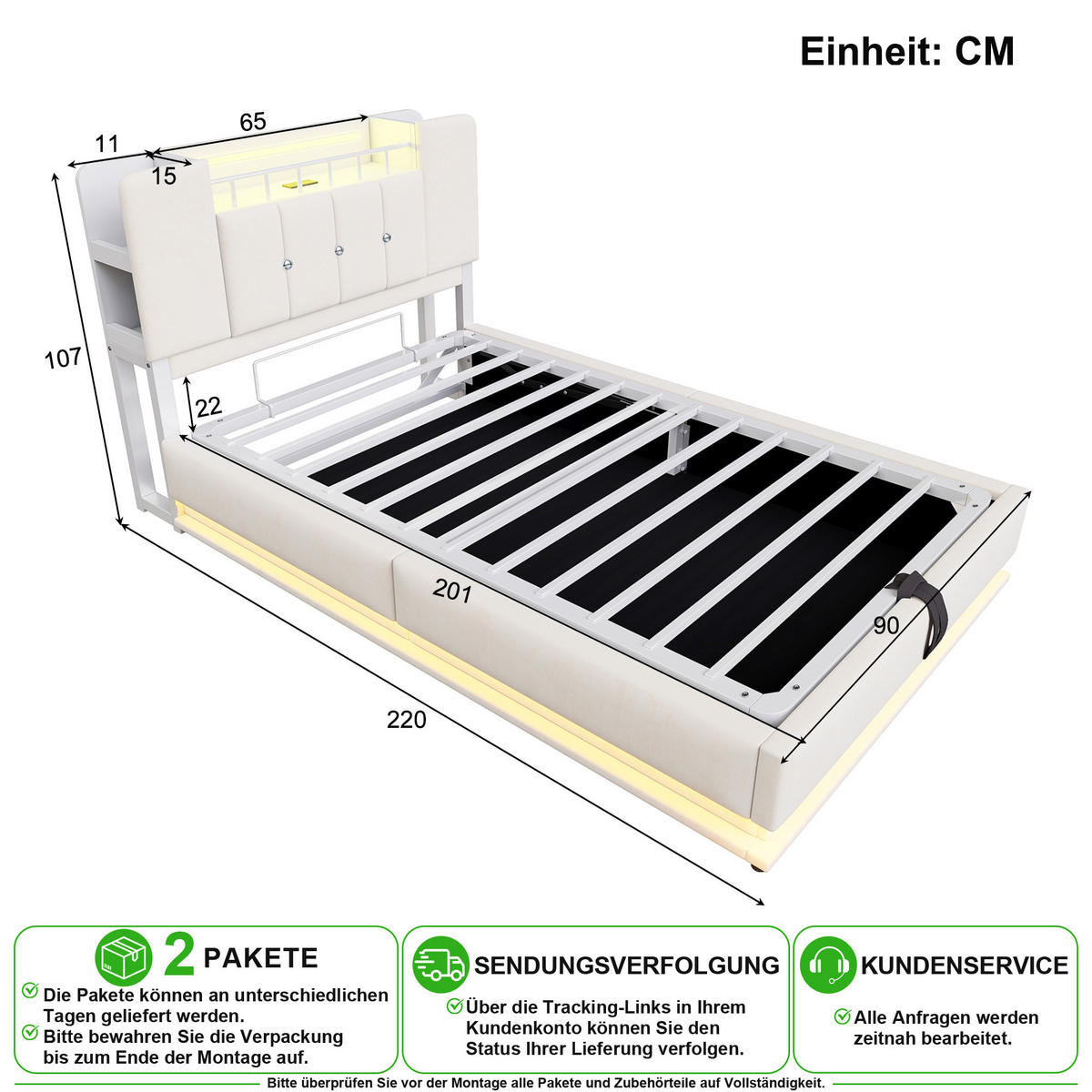 ČALOUNĚNÁ POSTEL 90/200 cm v béžové barvě s úložným prostorem, LED a USB - béžová, kov/kompozitní dřevo (90/200cm) - CHICFURN