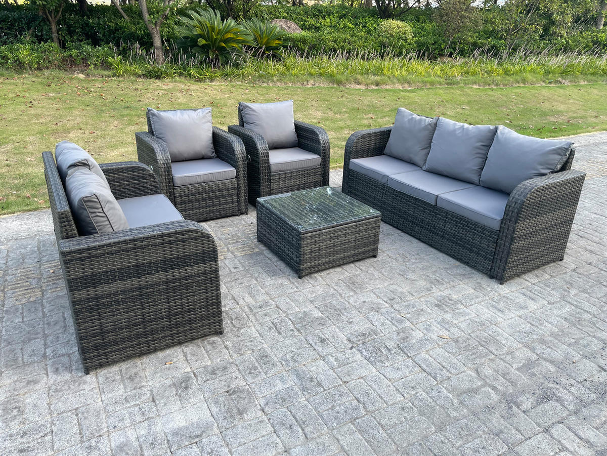 GARTENMÖBEL SET MIT LIEGESTUHL 3 SITZER SOFA Polyrattan Outdoor 9-Sitzer - Dunkelgrau/Grau, Glas/Kunststoff - Fimous