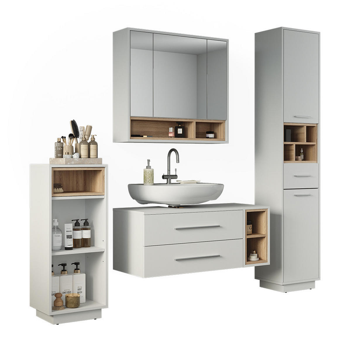 BADMÖBEL-SET Beatrice, Weiß/Sonoma, 4-teilig - Weiß/Sonoma Eiche, Holzwerkstoff (100/40/40cm) - Vicco