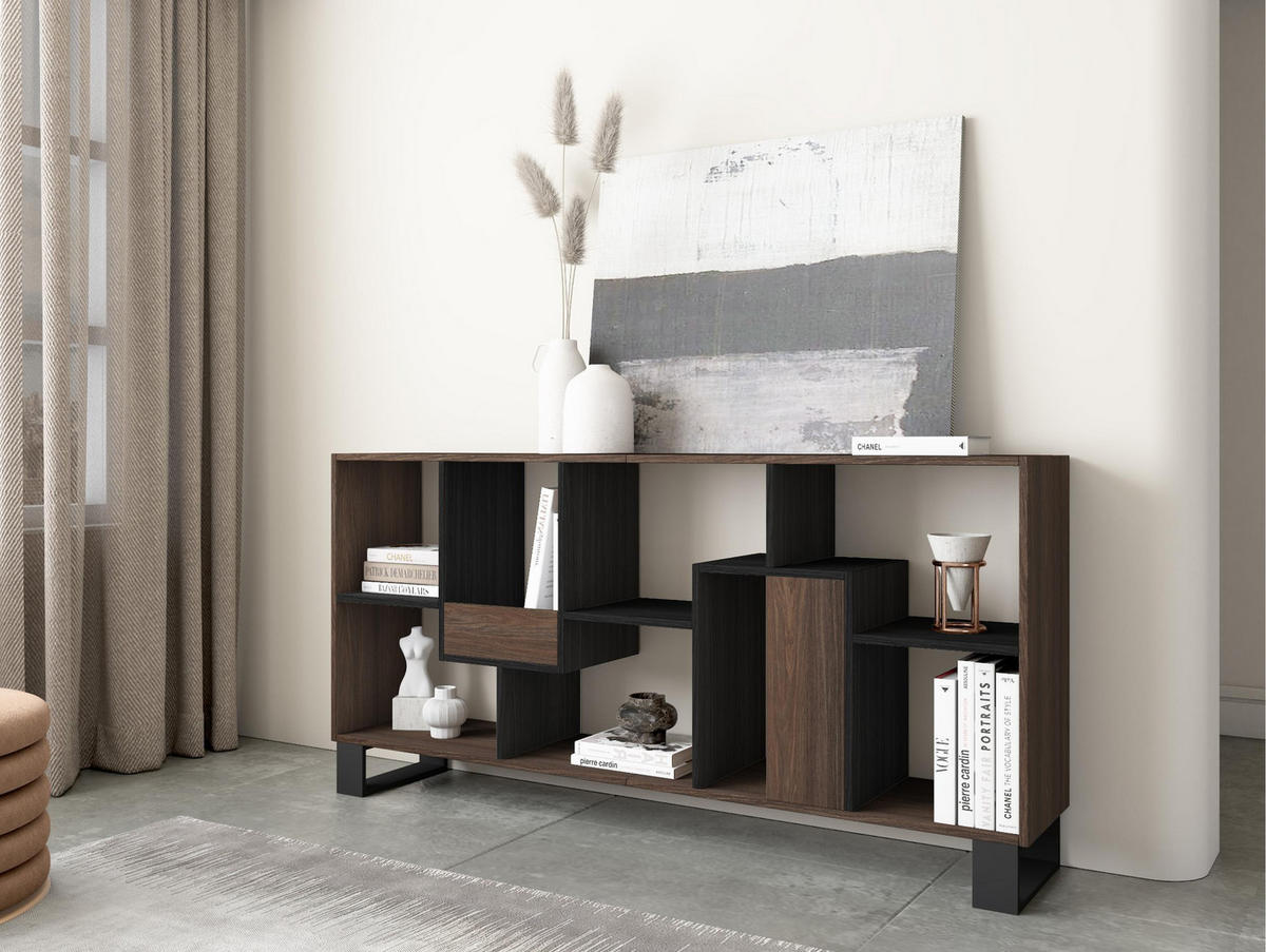 REGAL Bibliothek, Eiche dunkel und Schwarz, 67/31/174cm - Dunkelbraun/Schwarz, Holzwerkstoff (67/174/31cm) - Skraut Home