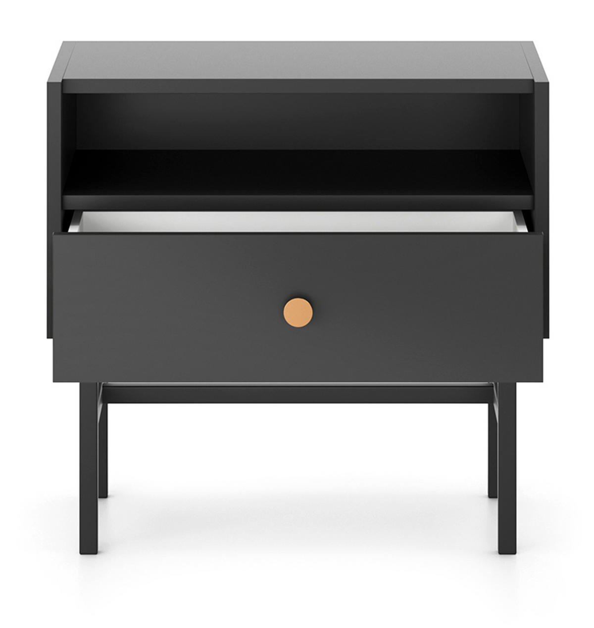 NACHTTISCH Dinley 1S Schwarz 54,8/52/39 cm – mit schwarzen Beinen im minimalistischen Design - Schwarz, Holzwerkstoff/Metall (54.8/52/39cm) - AX Living