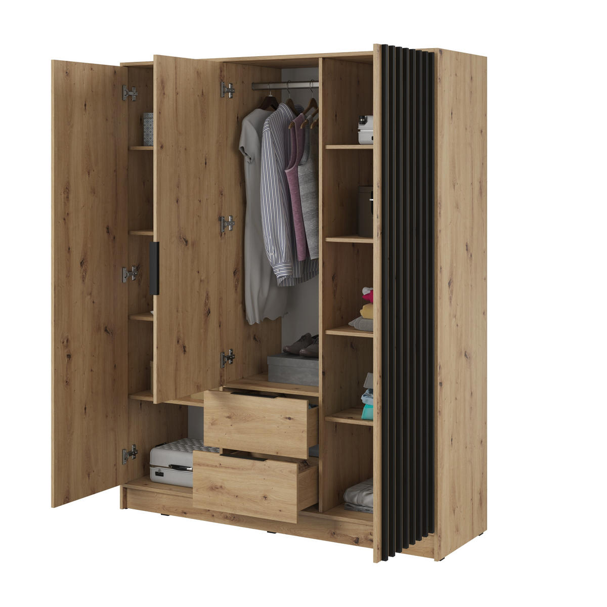 DREHTÜRENSCHRANK NELIANA 155/200/51 cm 3-türig mit Spiegel Eiche Artisan - Eiche Artisan, Holzwerkstoff (155/200/51cm) - MASSENO