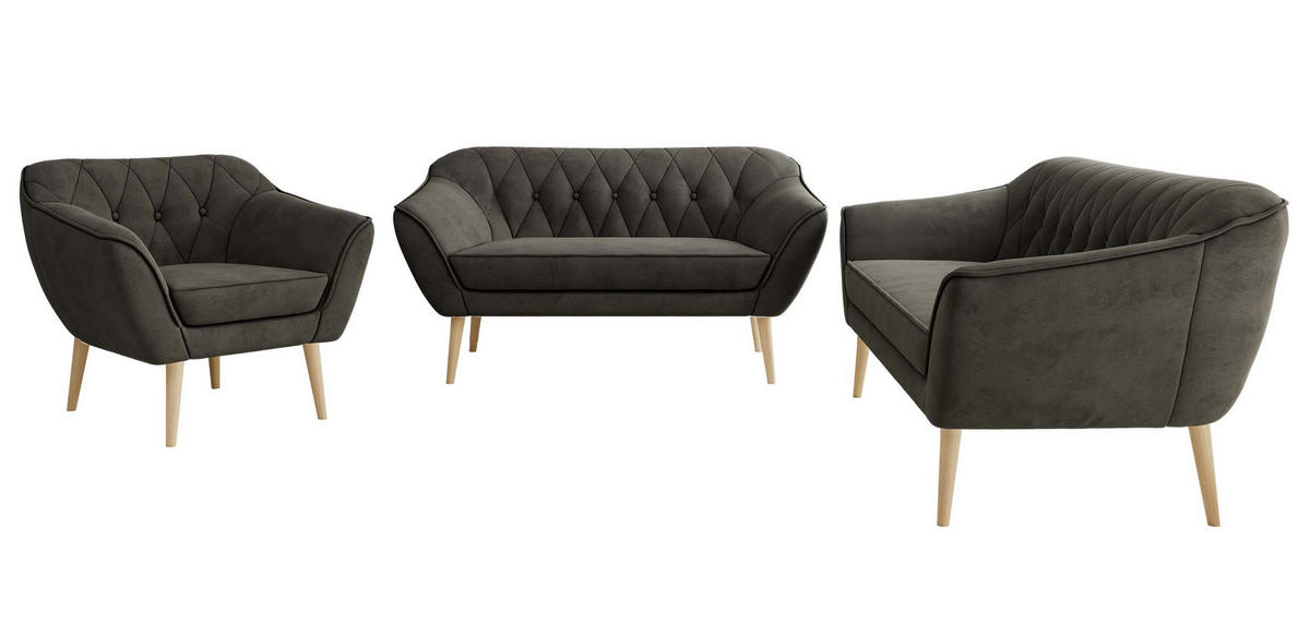 SITZGARNITUR PIRS 3+2+1 - Dunkelgrau Velvet - Holzbeine - Dunkelgrau/Buchefarben, Holzwerkstoff/Textil (180/75/74cm) - MKS