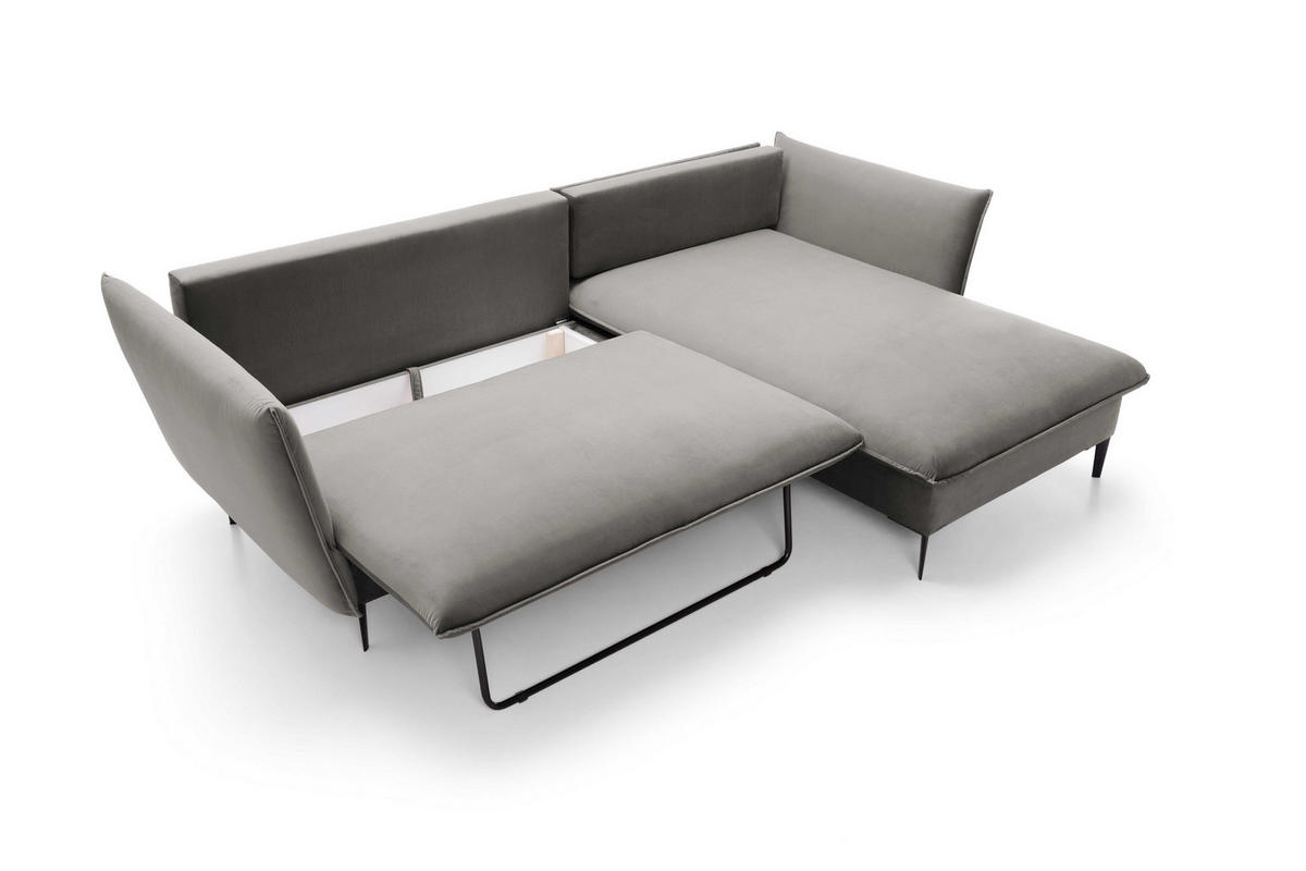 ECKSOFA SOLE Grau Plüsch-Stoff mit Schlaffunktion - Grau, Holz (258/167cm) - MASSENO