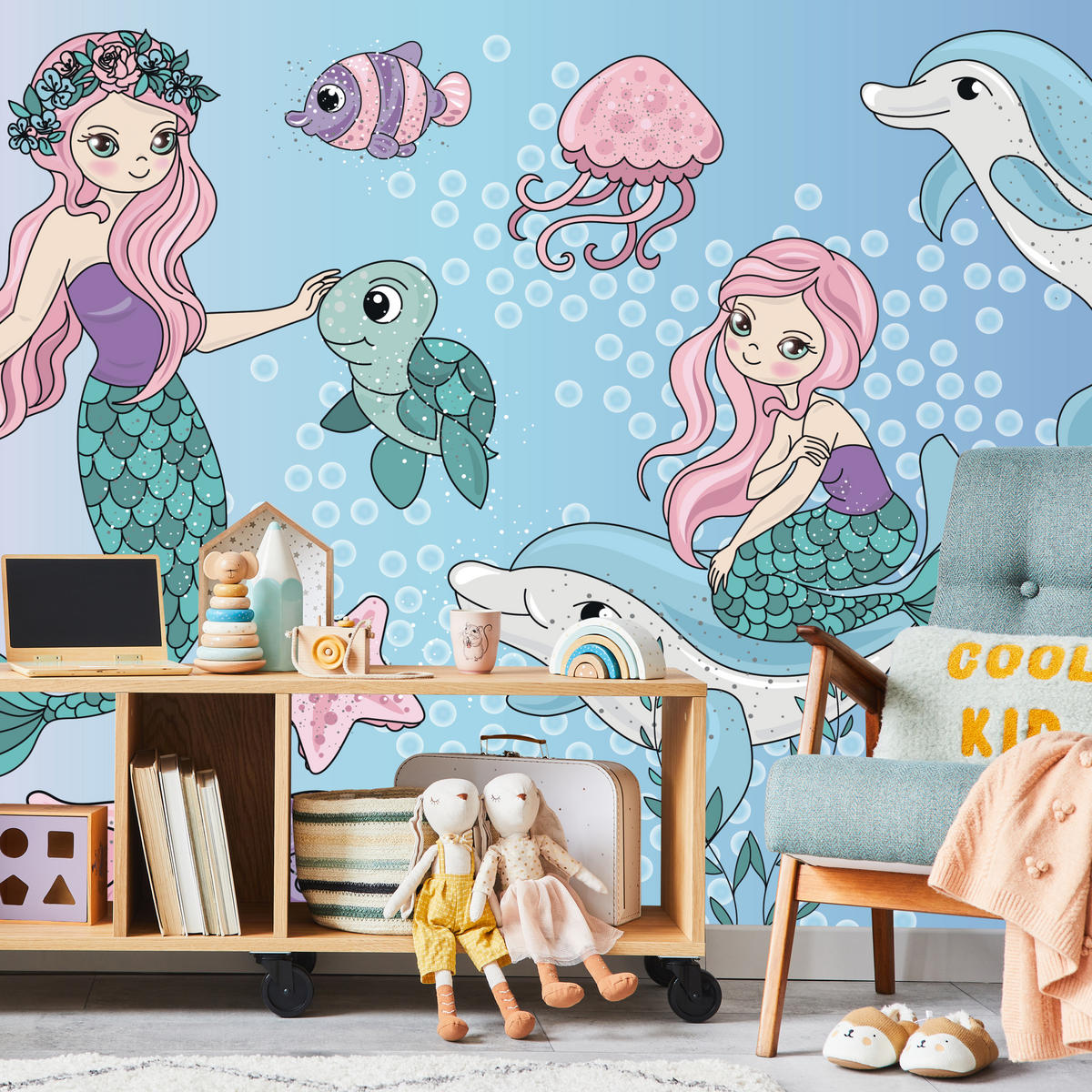 FOTOTAPETE für Kinderzimmer Meerjungfrauen Delfine Fische Muscheln Qualle Schildkröte 300x210 - Multicolor, Papier (300/210cm) - Muralo